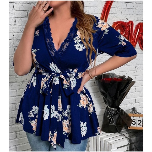 Tops - Plus Floral Print Lace Belted Top